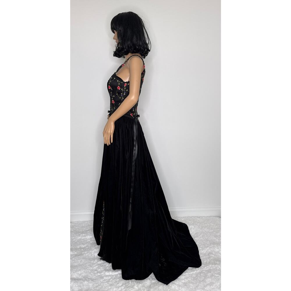 Late 80s Jeannie Nitro Gothic black velvet silk floral embroidered corset gown s - Picture 6 of 16